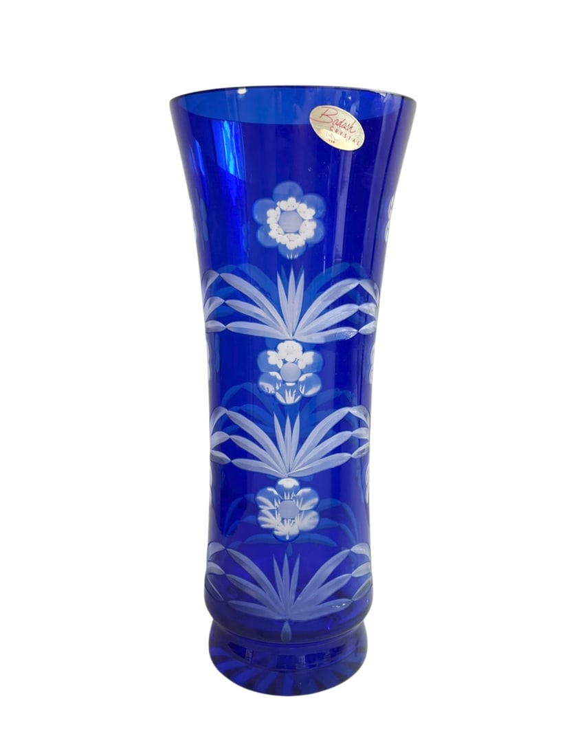 Badash Cobalt Cut to Clear 10.5' Vase: Crystal vase with original Badash USSR label. It has a chip and a nick on the rim (please see photo). 10.5" tall