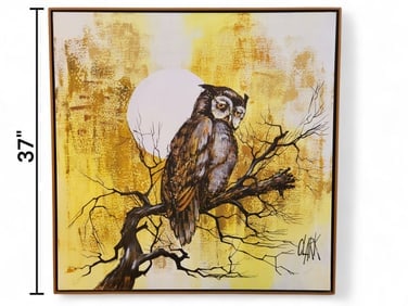Mid Century Modern Owl Painting, Signed Clark: Mid Century Modern Owl Painting on Canvas, Signed Clark. Nice retro colors, rendering a sleepy owl against a full moon. Great condition, in a simple wood frame. Width 37" Height 37"