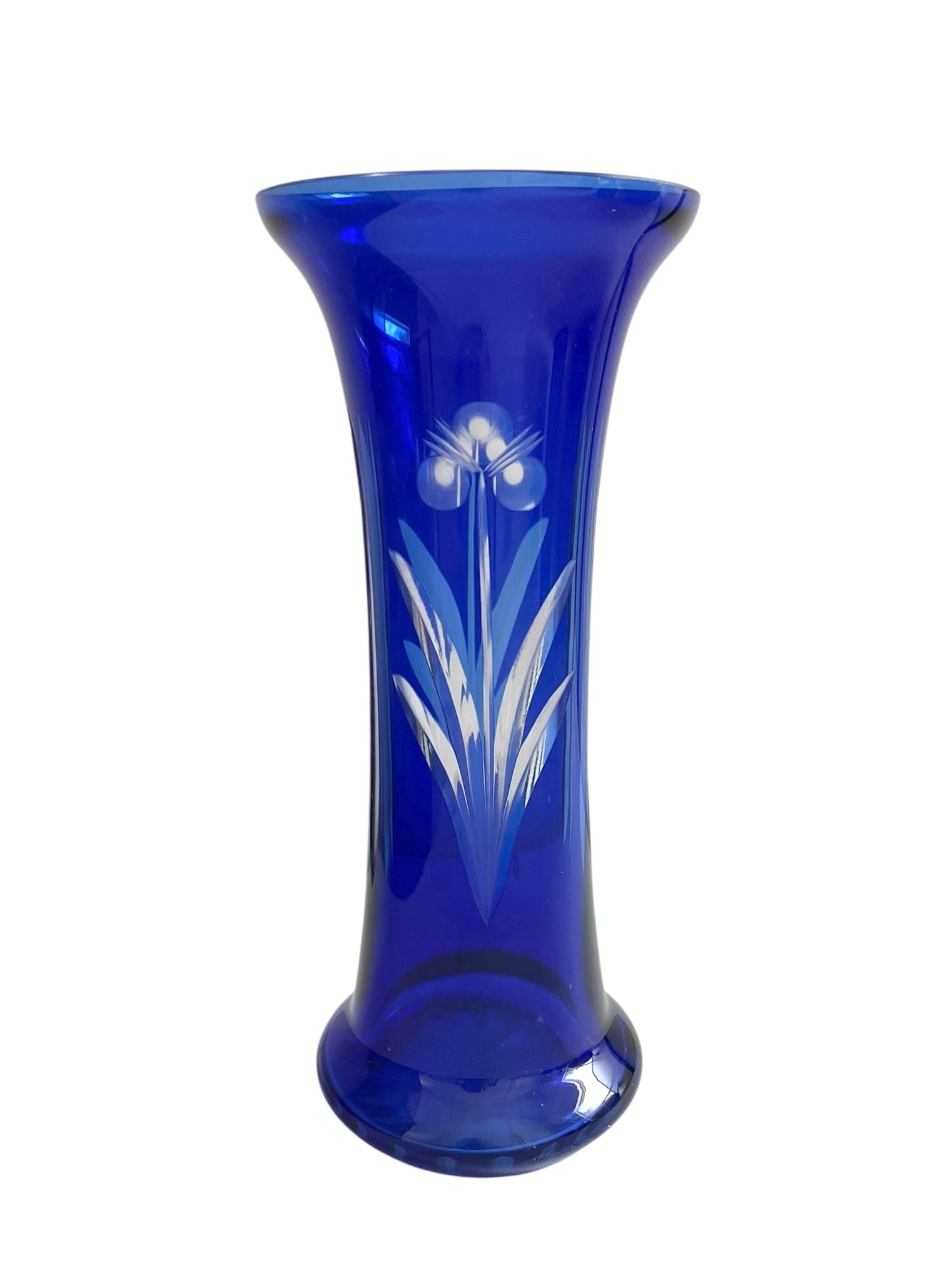 Cobalt Cut to Clear 10' Crystal Vase: Flower design, no chips or cracks. 10.5" tall