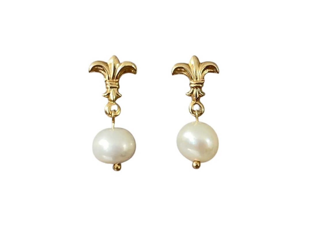 Pearl Fleur-de-Lis Earrings, 14K Gold ~ 1.1 grams: Small dangling pearls in a yellow gold setting. Marked 14K on the stems as well as the backers. Total weight: 1.1 grams