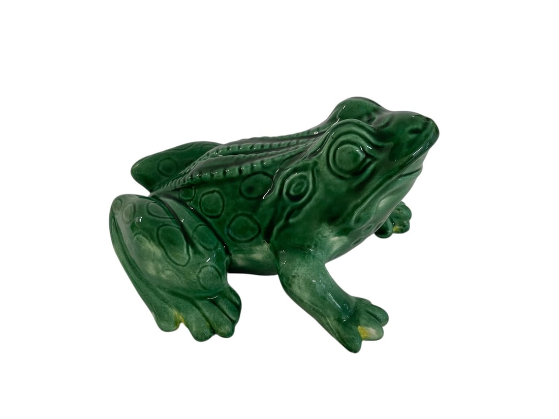 Vintage Ceramic Frog, 7.5': A garden or indoor accent, handmade and signed J.F. 7.5" long, 4.5" tall.