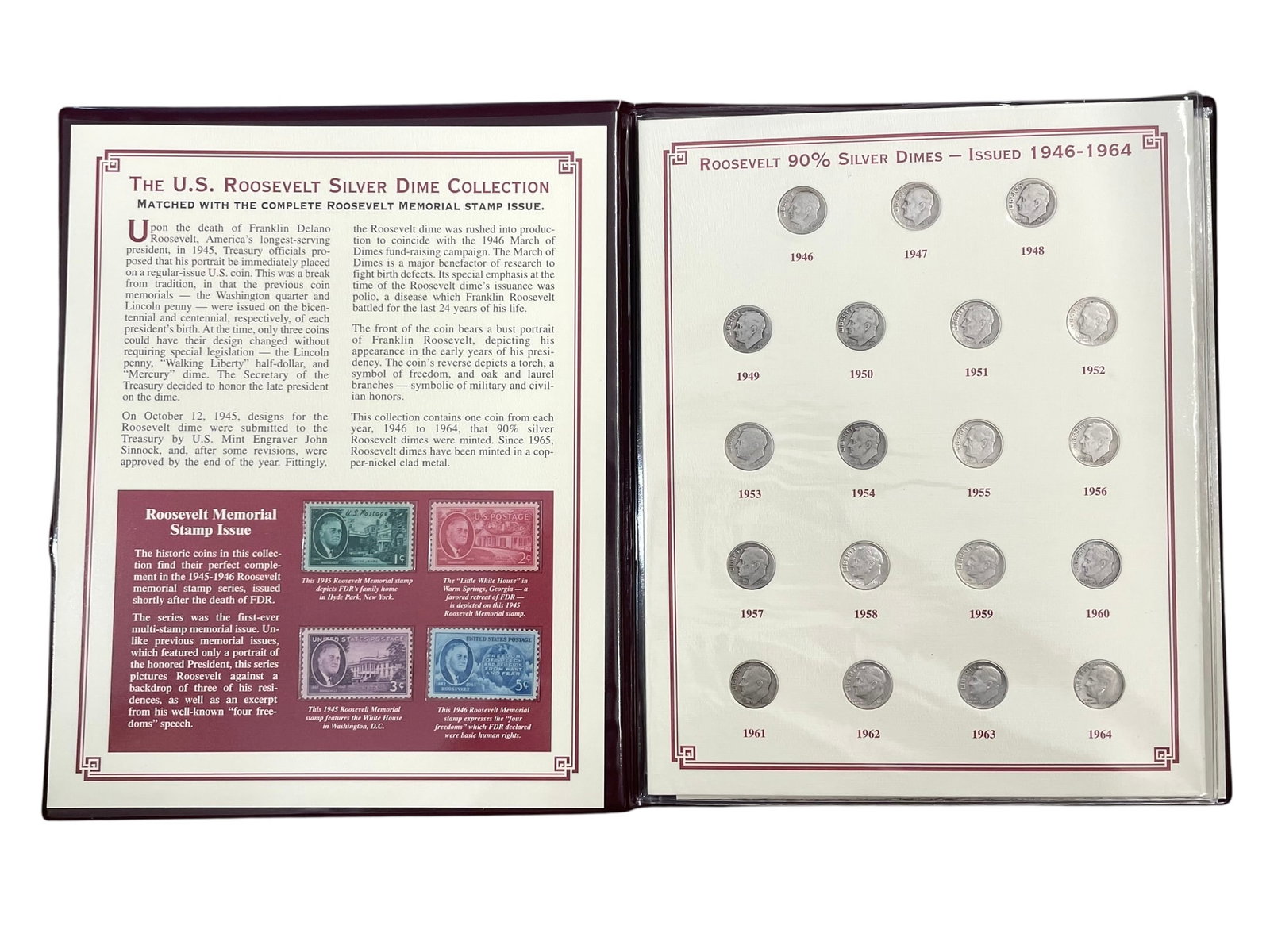 U.S. Roosevelt Silver Dime Collection with Memorial Stamps: 19 silver dimes, one per year up to 1964. In an informative folder along with a set of 4 Roosevelt Memorial stamps.
