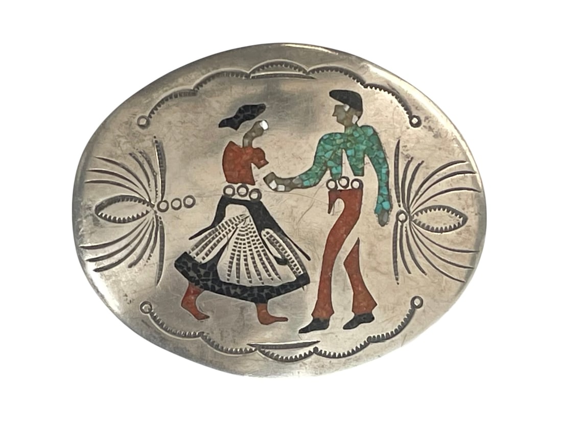 Western Style Belt Buckle, Sterling Silver ~ 76.3 grams: Inlaid with crushed turquoise and coral and other stones, with the design of a dancing couple. 3" x 3.75" No markings; it tests as sterling silver.