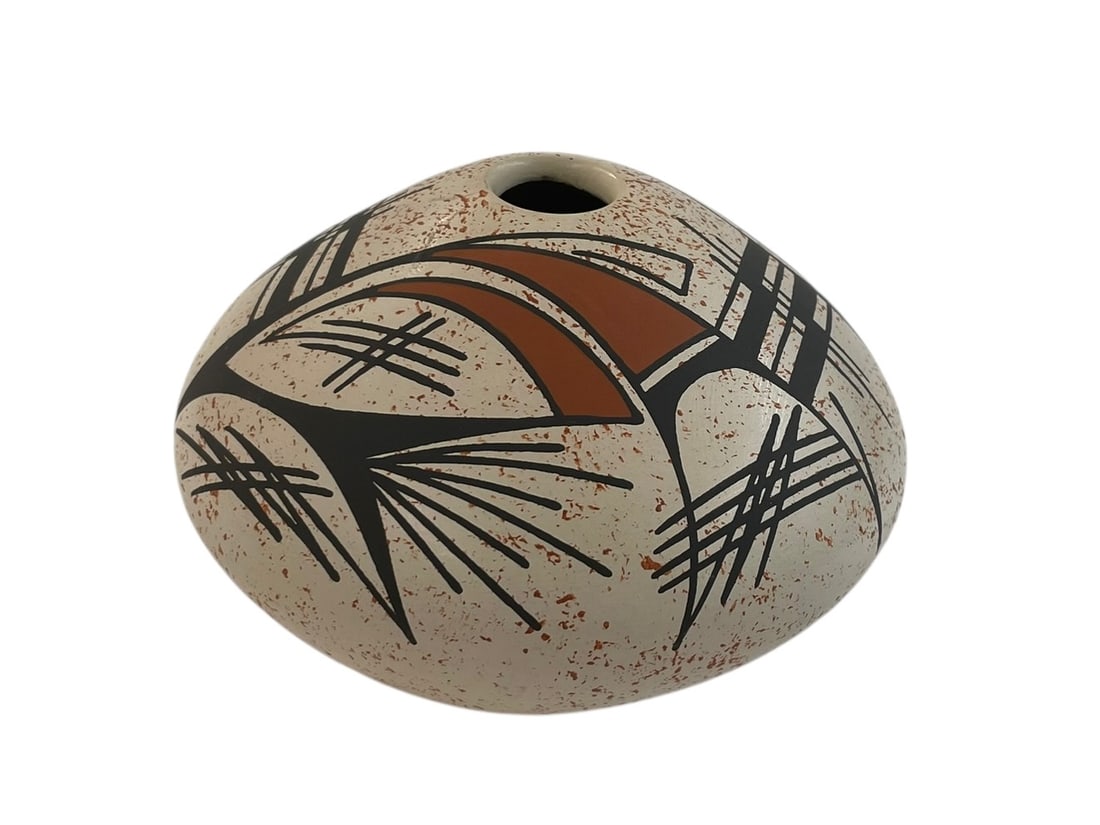 Jorge Corona Guillen Mata Ortiz Polychrome Pottery: Signed: Jorge Corona Guillen Paquime vase with geometric design, 4" tall, 5 1/2" wide. Note the scotch tape on the bottom, no other damage. Artist info: Jorge Corona is a third generation
