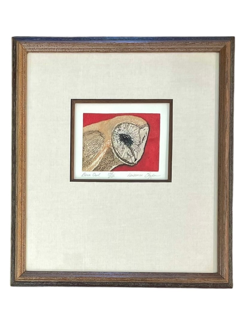 Barn Owl Lithograph, Signed Lawrence Snyder, 195/250: Barn Owl Lithograph, pencil signed Lawrence Snyder, titled, numbered 195/250. A small colorful etching in a larger matting. Framed size: 16" x 14"