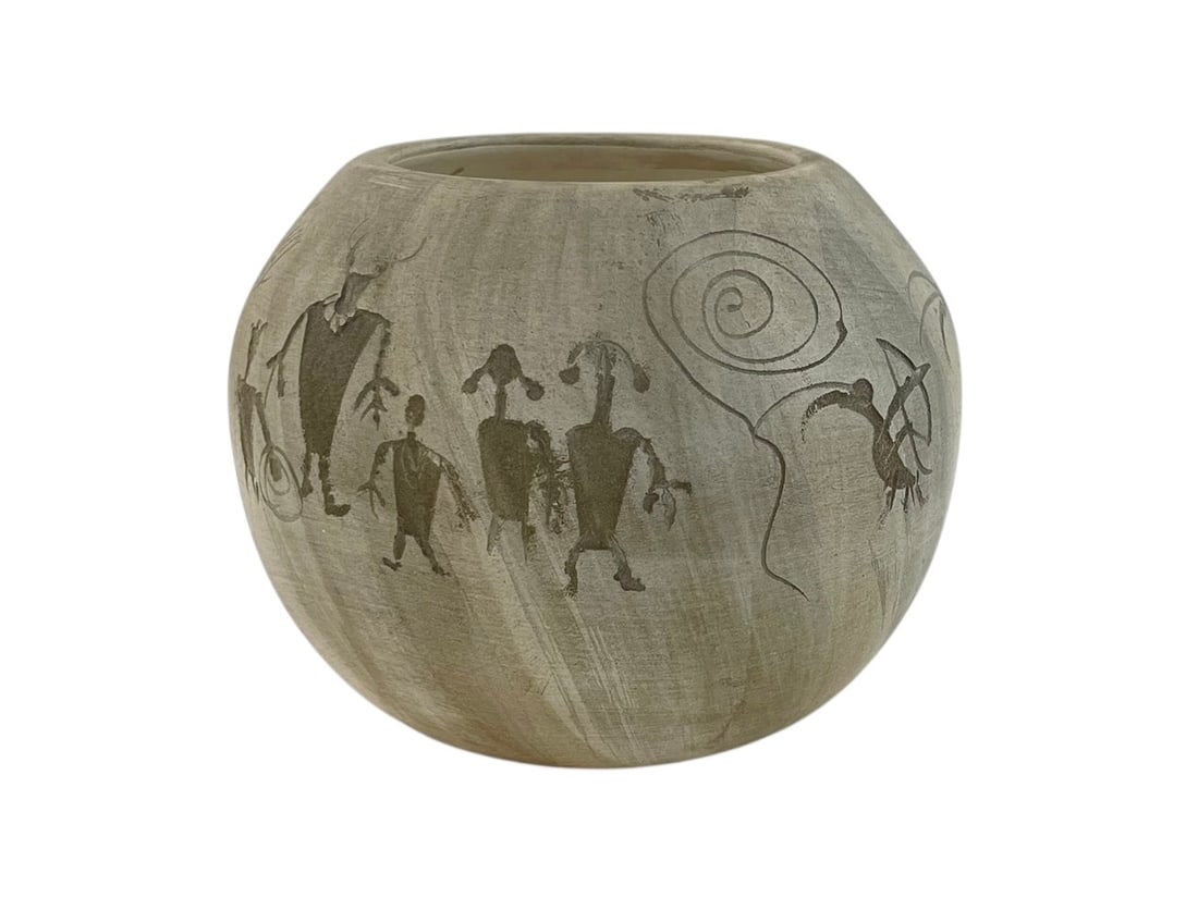 Binishtaa Navajo Pottery Vase: Decorated with petroglyph style figures; 5" tall; signed: Binishtaa, Navajo.