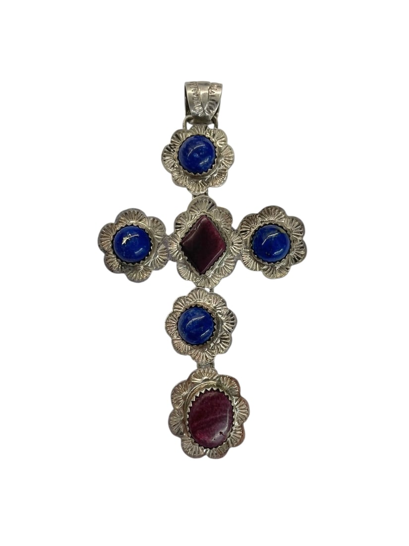 Navajo Lapis and Garnet Sterling Cross Pendant Signed TT ~ 14.7 grams: Silver cross with stones in petal-style settings. Signed TT, Sterling. 3" long.