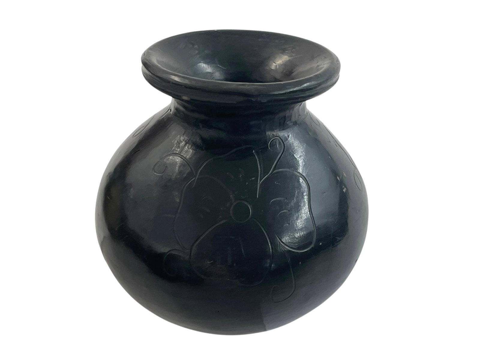 Native American Round-Bottom Vase, Signed: Small pottery piece incised with flowers, signed: HOP (or HDP?). Note, this piece cannot sit upright; you could rest it on a ring for display.