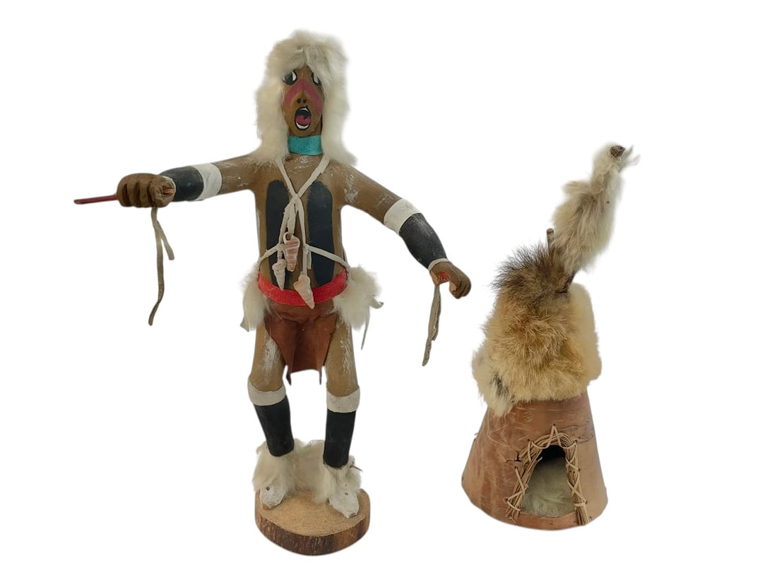 Perception Dancer Kachina Doll by Yazzie, and a Tepee: Two Native American handmade items selling both together; they do have condition issues. Doll is 12.5" tall, accented with rabbit fur and seashells, and has a broken hand and spear (mostly 