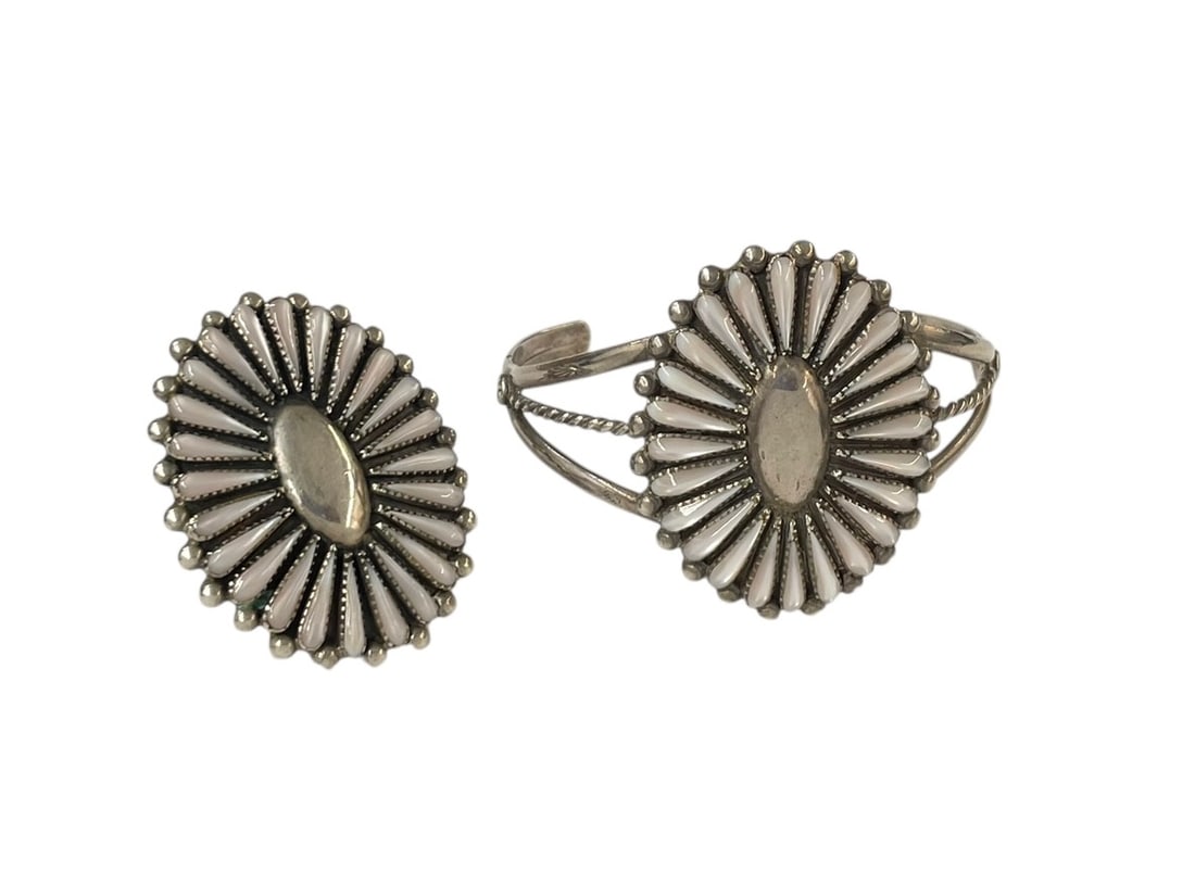 Zuni Cuff Bracelet and Ring Set, Sterling Silver ~ 26.5 grams: Native American Zuni set with pink mother of pearl design. Small bracelet, size 6 ring. The ring is stamped "Sterling" and the bracelet seems to have a signature/initials; please see