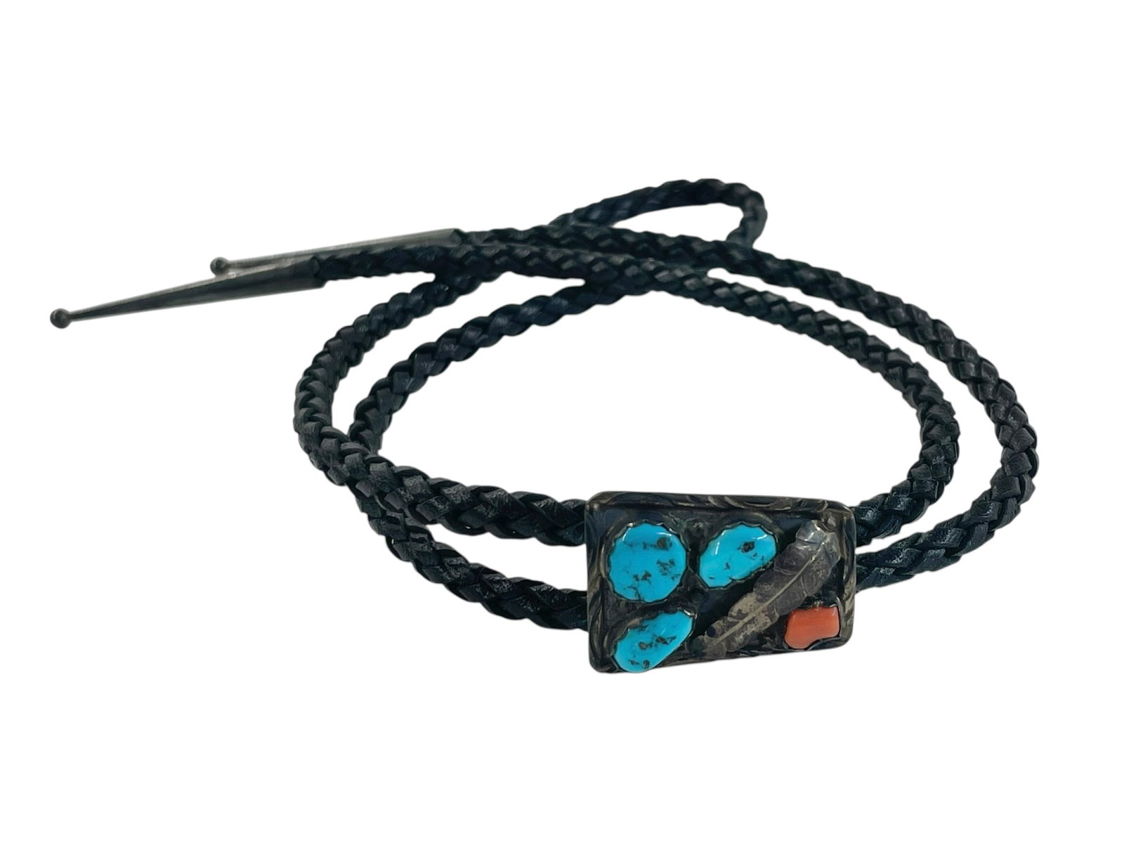 Turquoise and Coral Silver Bolo Tie: Slide is handmade with turquoise and coral, probably sterling silver but unmarked. It's on a woven 36" bolo tie with silver(?) ends. 