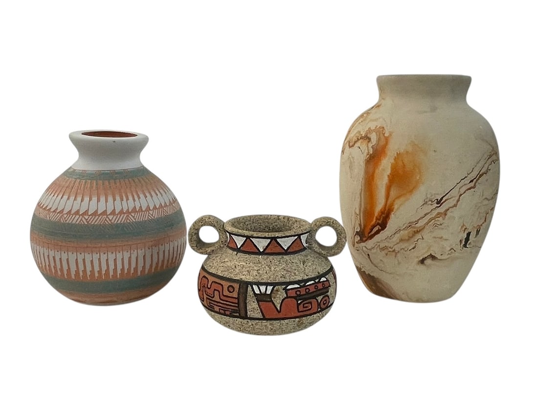 Arviso Navajo Pottery Vase, Nemadji Pottery, Martha Ajun Pot: Native American incised vase, 5 1/4" tall, signed Arviso. Smaller 3" double-handled pot in pre-Columbian style, with card included for artist Martha Ajun (otherwise unsigned). A 7" swir