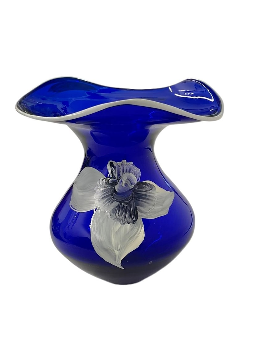 Cobalt Hand-Painted Flared Vase, Made in Poland: Polish handmade cobalt glass with white rim, painted with a white flower. Good condition. 9" tall and 9" wide.