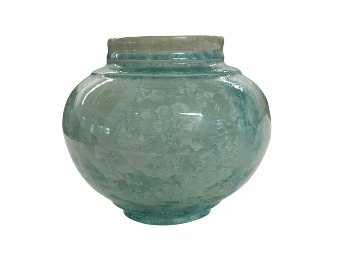 Dover Pottery Crystalline Vase, Signed Al McCanless: Handmade crystalline pottery in a lovely light blue color. Signed: Fiddlin, Al McCanless, 04. A card from Dover Pottery in Seagrove NC is included. 6" tall, good condition.