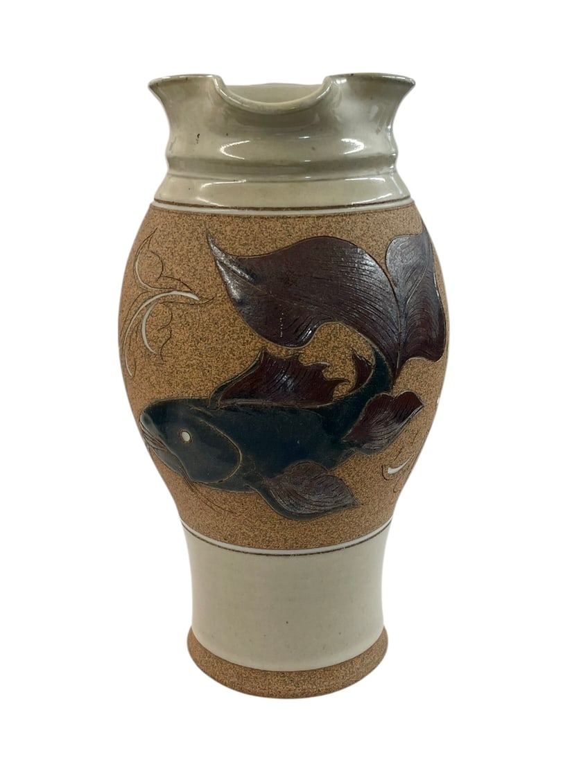 Mark Blumenfeld Studio Pottery Fish Pitcher: With a great design of a catfish and leafy swirls. No damage. Signed Blumenfeld. 11" tall.
