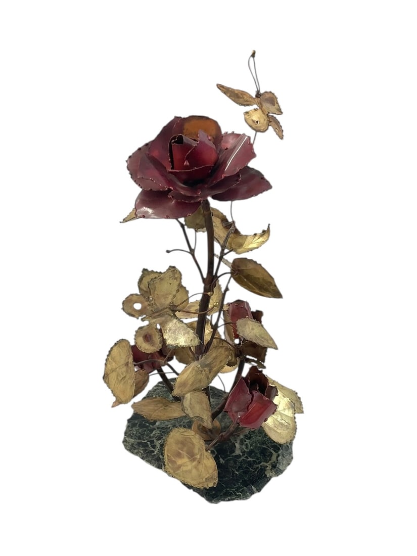 Mid-Century Metal Art Roses and Butterflies Sculpture: 14" metal sculpture on a marble slab. A rose bush with four roses and three butterflies. (One of the butterflies is detached.) No signature found.