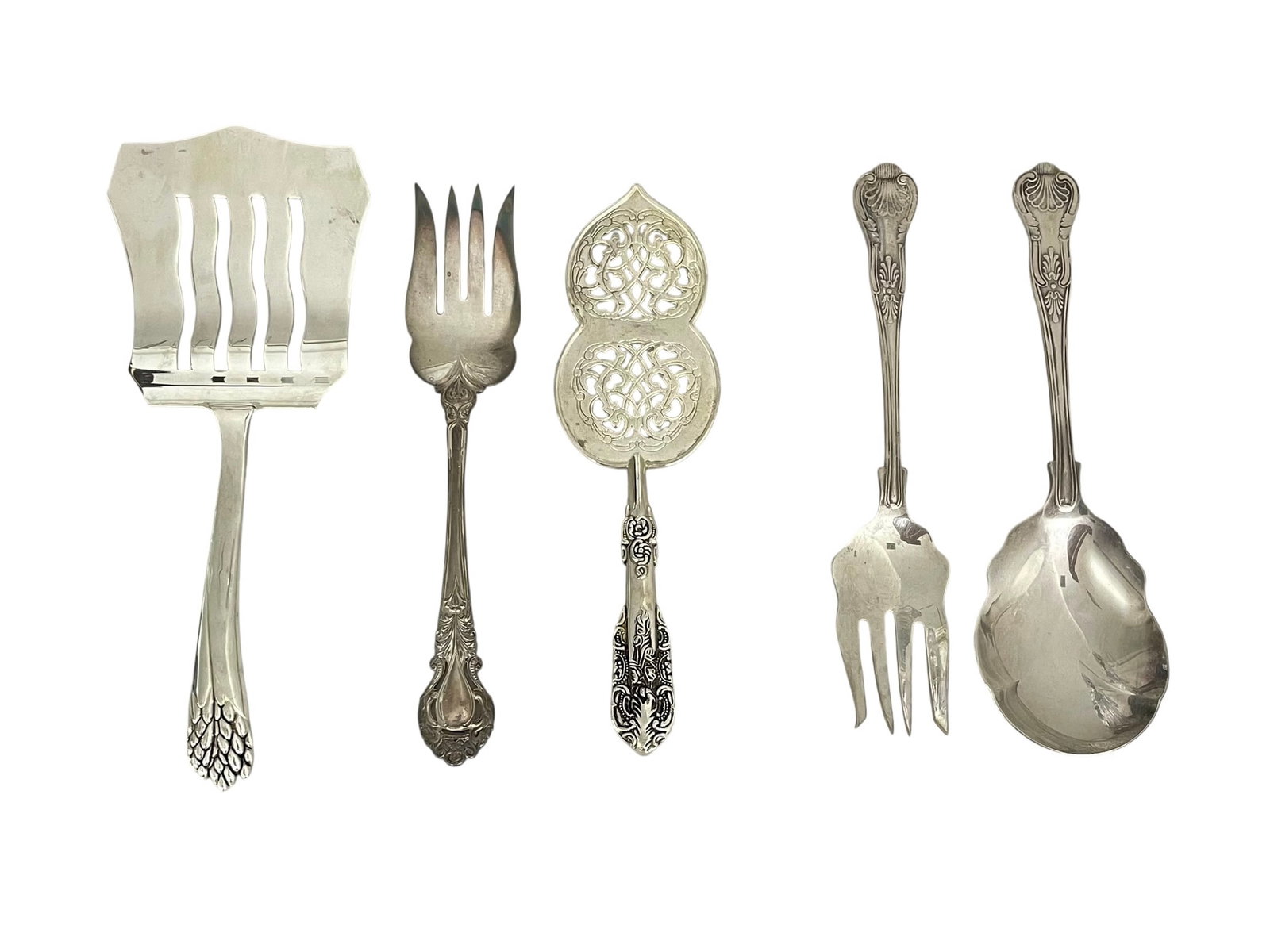 Kirk Stieff Fork, Godinger Pastry Server, K&M Salad Set, Asparagus Server: A lot of 5 serving utensils: Kirk Stieff cold meat fork, silver plated, marked EP: 8 3/4" Godinger pastry or pie or cake server: 8 1/2" Sheffield England K&M salad set, silver plated,