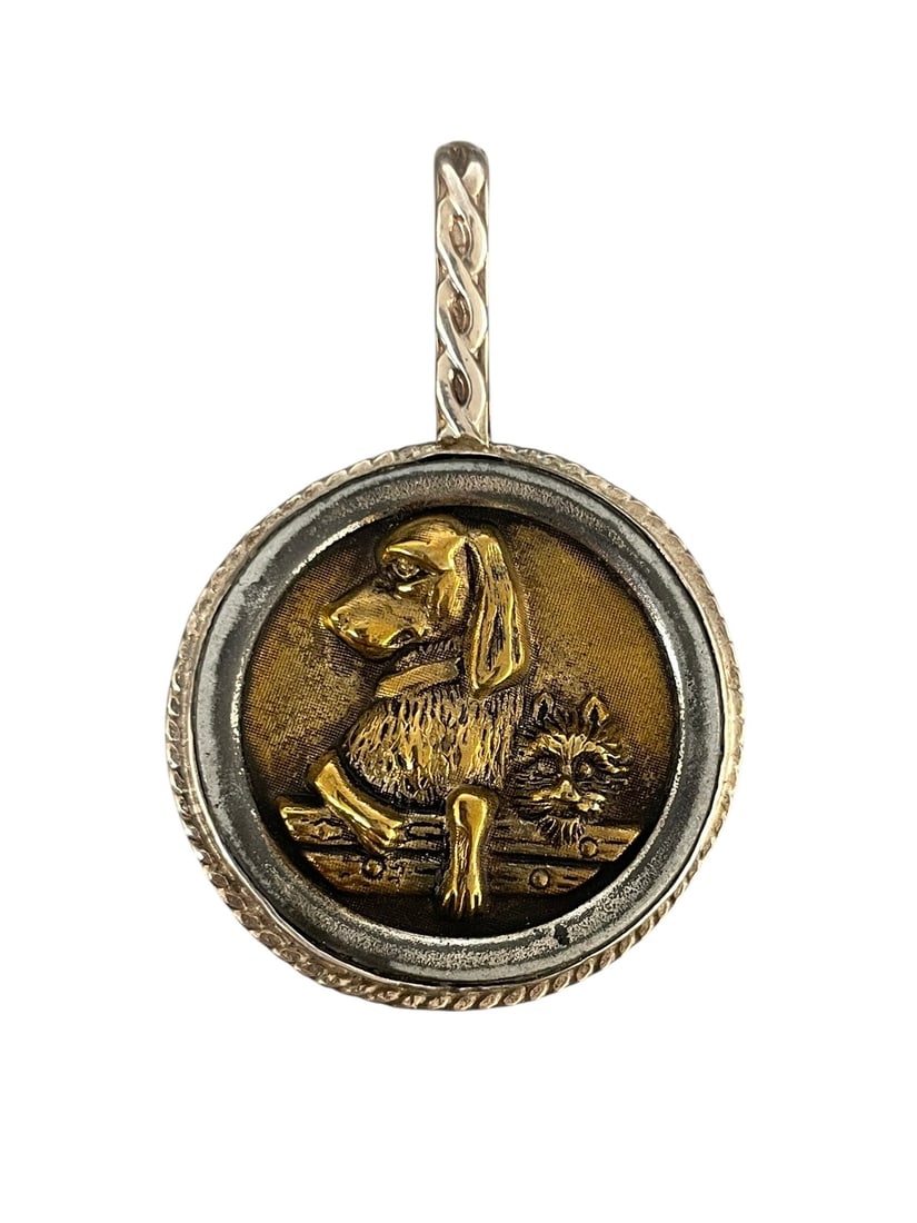 Antique 'Dignity and Impudence' Dogs Button Pendant, Sterling Silver: An antique button modeled after an 1839 painting by Sir Edwin Henry Landseer, featuring a hunting dog and small terrier. It's set in a handcrafted silver bezel pendant setting. Marked: