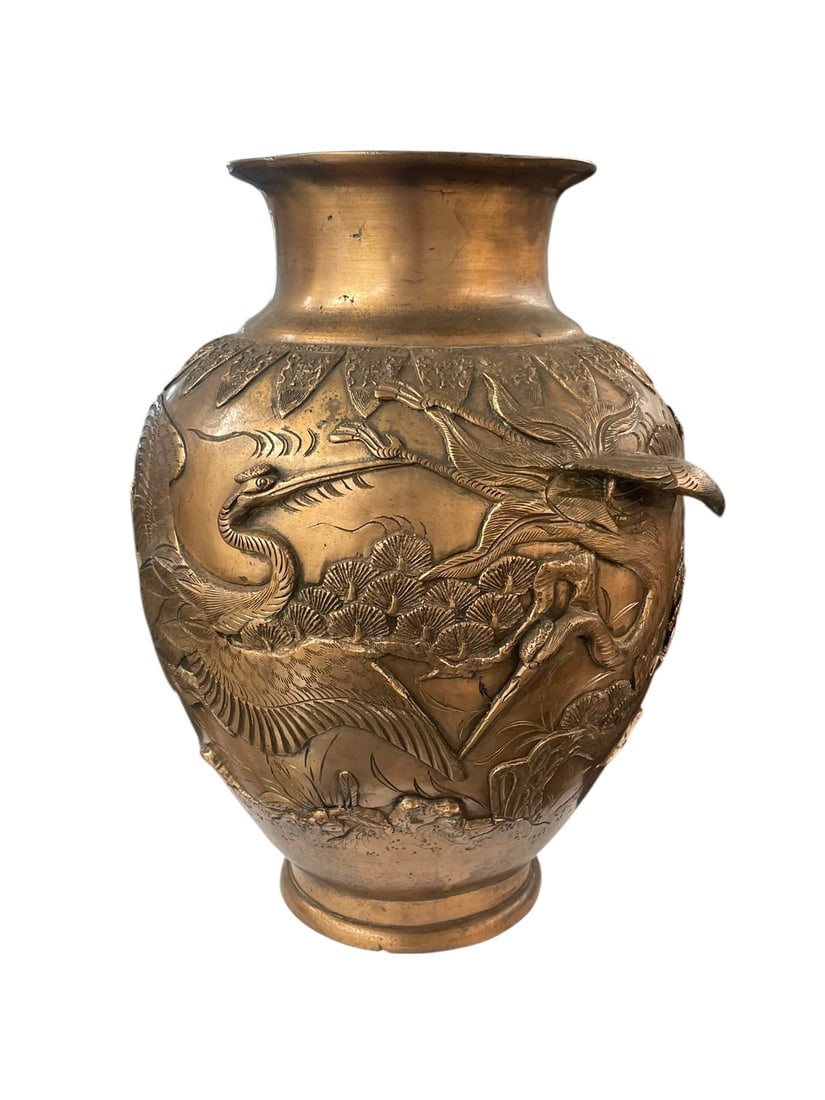 Japanese Meiji Large Bronze Vase with Cranes, Signed: Encircled with high-relief cranes and trees, a beautiful planter pot or vase. The pictorial base is an image of a gourd and vines, with a column of kanji characters (please see photo). 