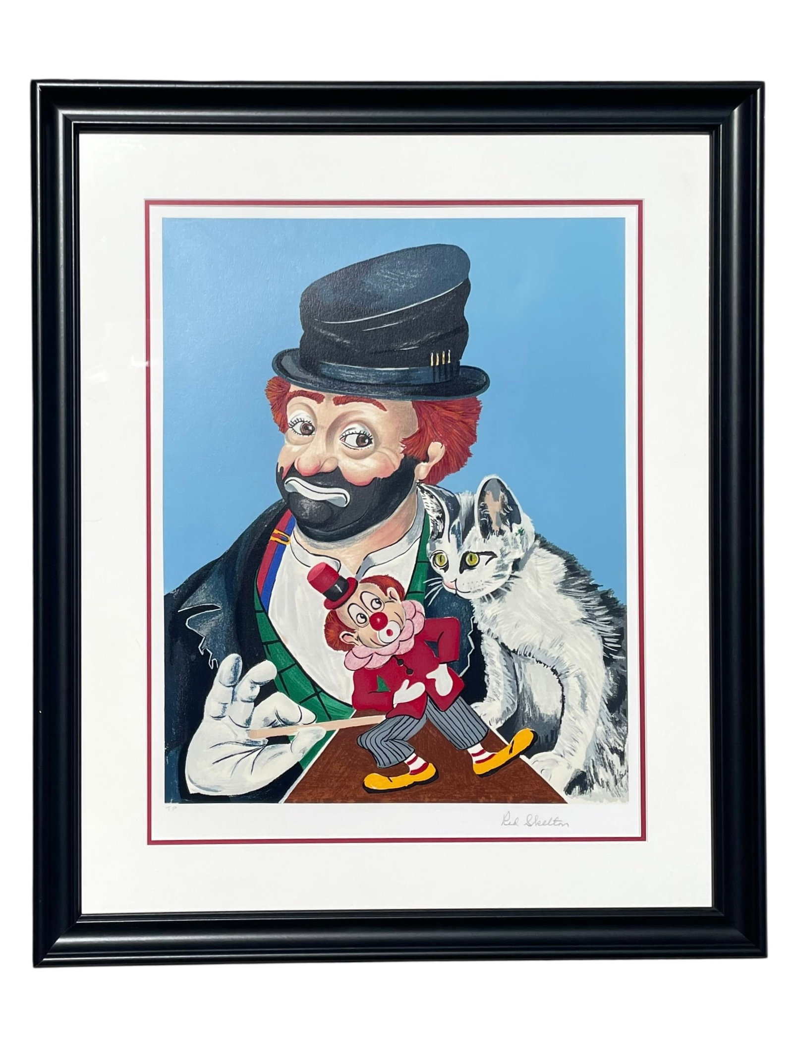 Red Skelton Signed 'Freddie, Kitty and Jack' Framed Trial Proof with COA: A rare limited edition lithograph/serigraph Trial Proof print of the artist as a clown "Freddie the Freeloader" with kitty cat and doll clown. It's hand signed by the artist, Red