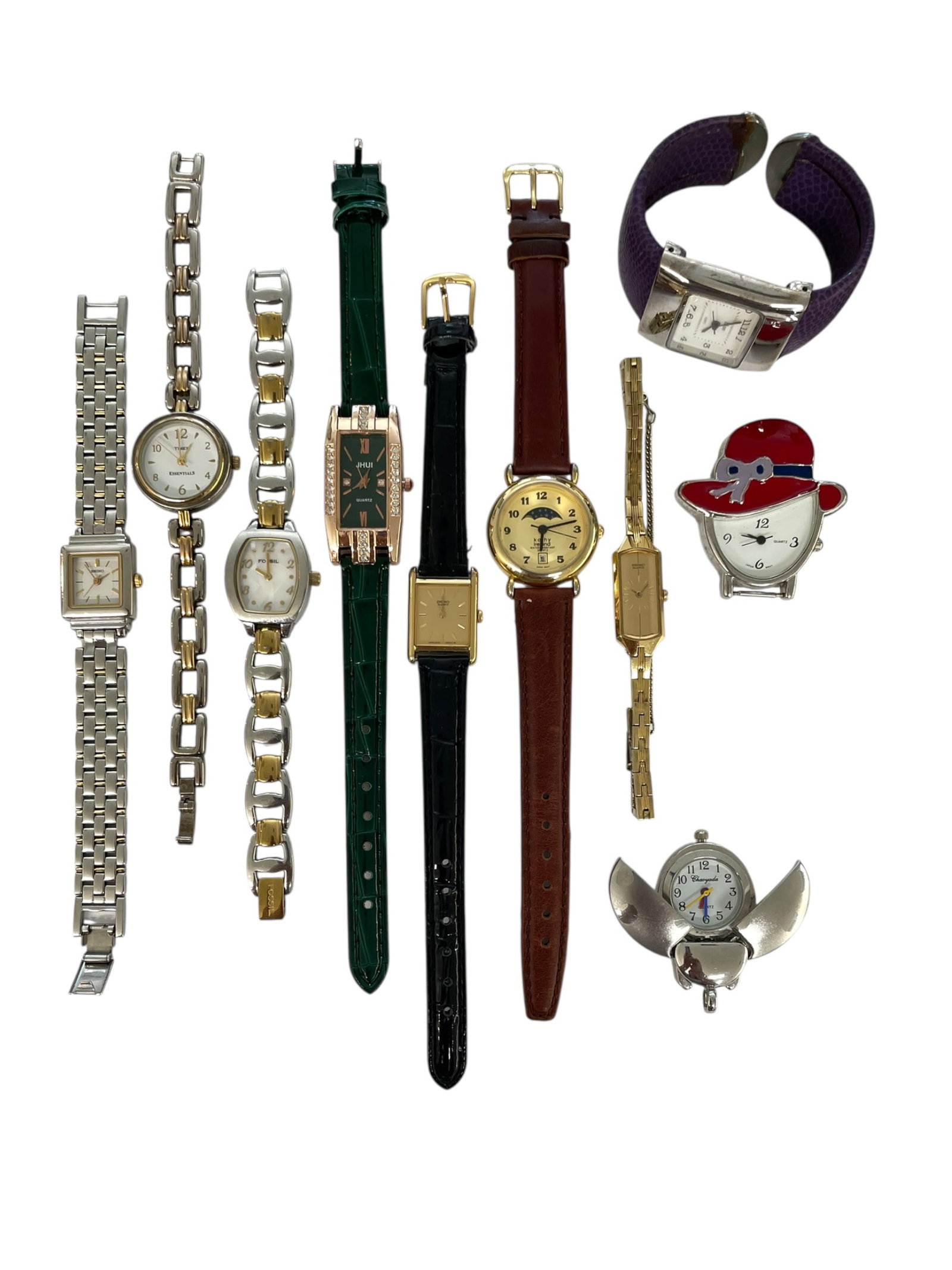 10 Ladies' Watches Including Fossil, Seiko, Timex, Others: 8 wristwatches, plus one without a band, and a ladybug/beetle pendant watch. Good condition and well kept, although we have not tested them and they may need batteries. Brands include Seiko, Kat