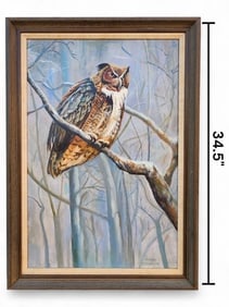 Great Horned Owl Oil Painting, Signed Irene Coughlin: Great Horned Owl Oil Painting, Signed Irene Coughlin. The oil on canvas painting depicts a cold owl in a winter scene with bare trees and a muted, snowy background. Height 34.5" Width 25