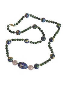 Jade and Cloisonne Bead Necklace with 14K Gold Clasp: Jade and Cloisonne Bead Necklace with 14K Gold Clasp. Cloisonne and jade beads accented with rose quartz beads and a few gold beads. 24" length. The yellow gold clasp is marked as 14K.