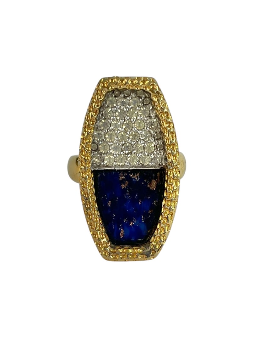 Jomaz Vintage Cocktail Ring: Designer ring signed "Jomaz" for Joseph Mazer, featuring lapis lazuli (or similar) stone with crystals in a bright goldtone setting. Size 6.