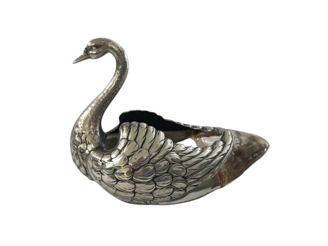 Sterling Silver and Glass Swan Salt Cellar, Repaired: Marked Sterling. Tail section has been repaired as pictured. 2.5" tall, 3.5" wide, 2.25" deep.