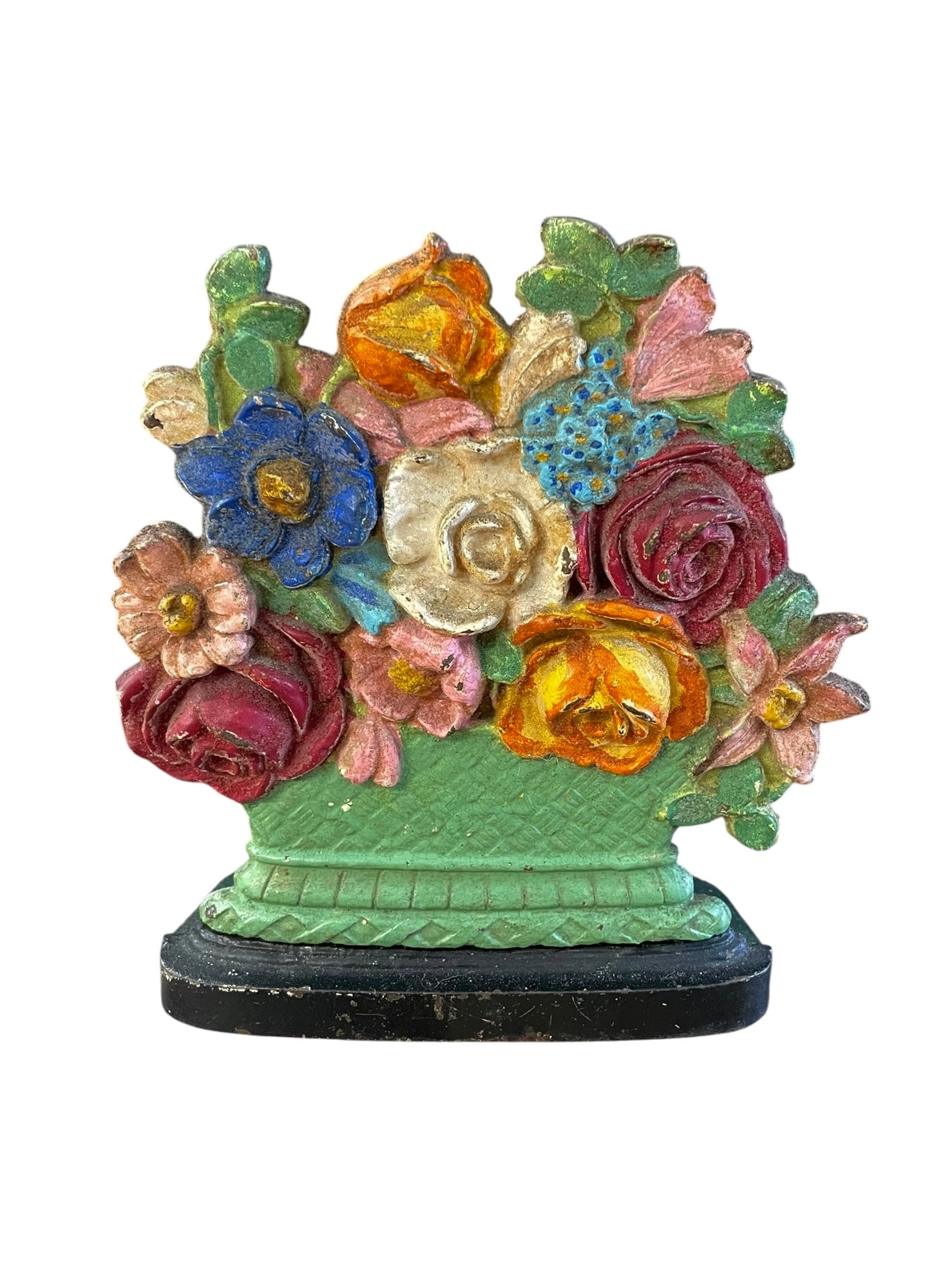Painted Cast Iron Flower Basket Doorstop: Appears to be original paint. No maker's mark. 7 1/2" tall