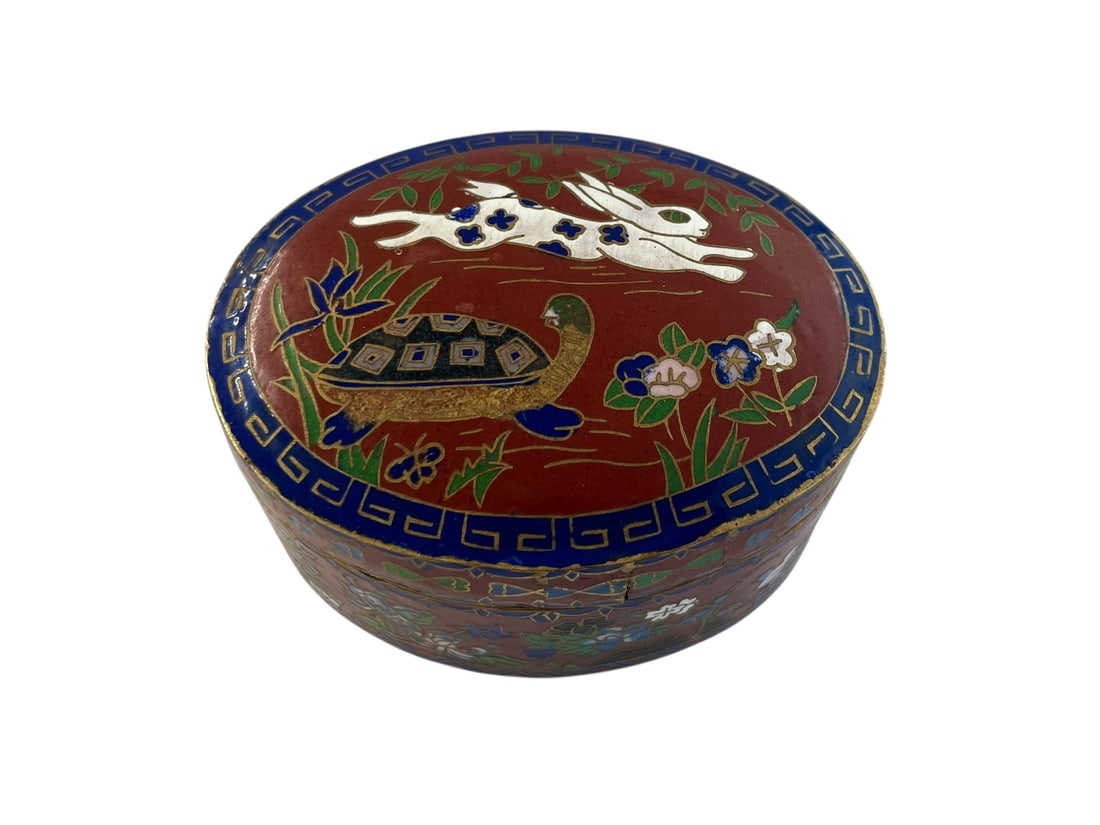 Tortoise and Hare Cloisonne Oval Box: Vintage Asian cloisonne trinket box with a scene of a rabbit racing a turtle on the lid.