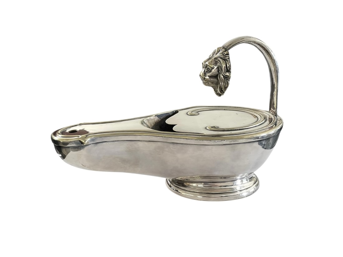 Victorian Spoon Warmer with Lion Head, Oil Lamp Shape, Silver Plated: Interesting spoon warmer made in the shape of an oil lamp, with a lion's head handle. No hallmark, only numbers as pictured.