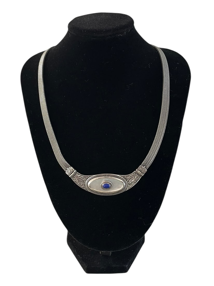 Deco Mother of Pearl and Lapis Sterling Snake Chain ~ 30.5 grams: Sterling silver, marked 925. Length: approx. 17" Weight: 30.5 grams