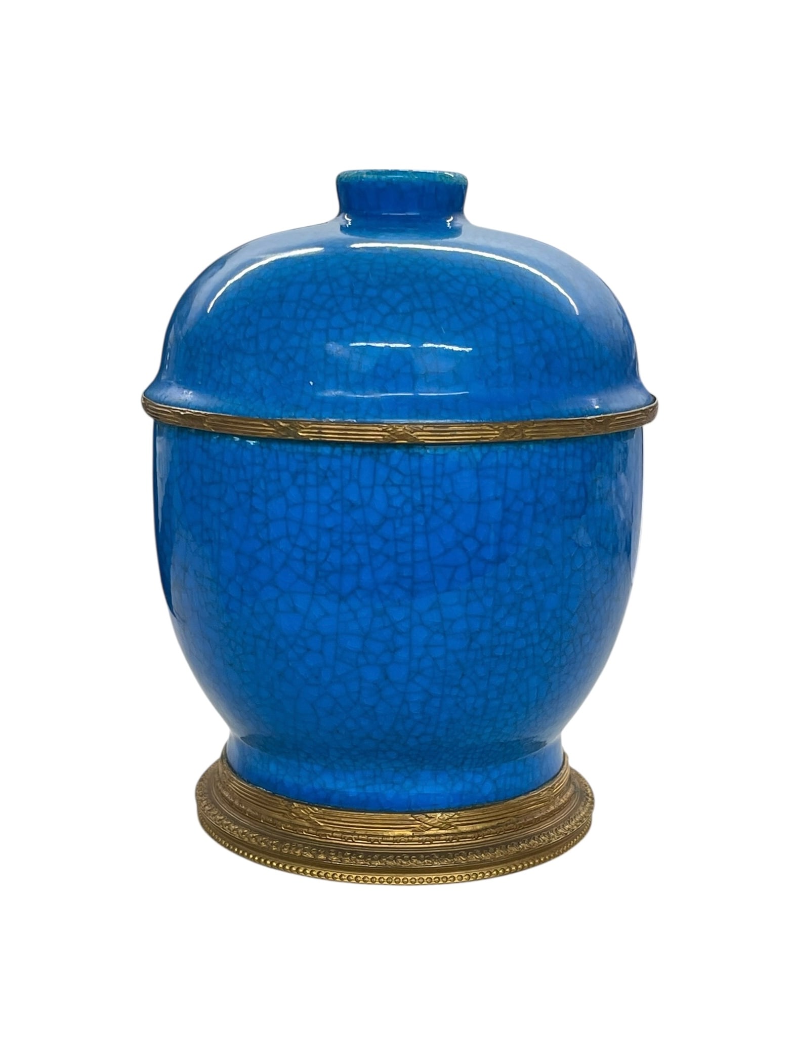 Keramis Bright Blue Craquelle Glaze Urn with Lid: Antique Belgian lidded urn with a vibrant blue crackle glazed porcelain body and bronze mounts. Possibly by Paul Millet (France, 1870-1950) for Boch Freres Keramis. The Keramis stamp is on
