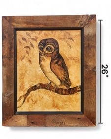 Owl Painting in Barnwood Frame, Signed Colossi: Owl Painting in Barnwood Frame, Signed Colossi. On textured paper affixed to board. It is an original artwork, an interpretation of Albrecht Durer's "The Little Owl". Height 26"