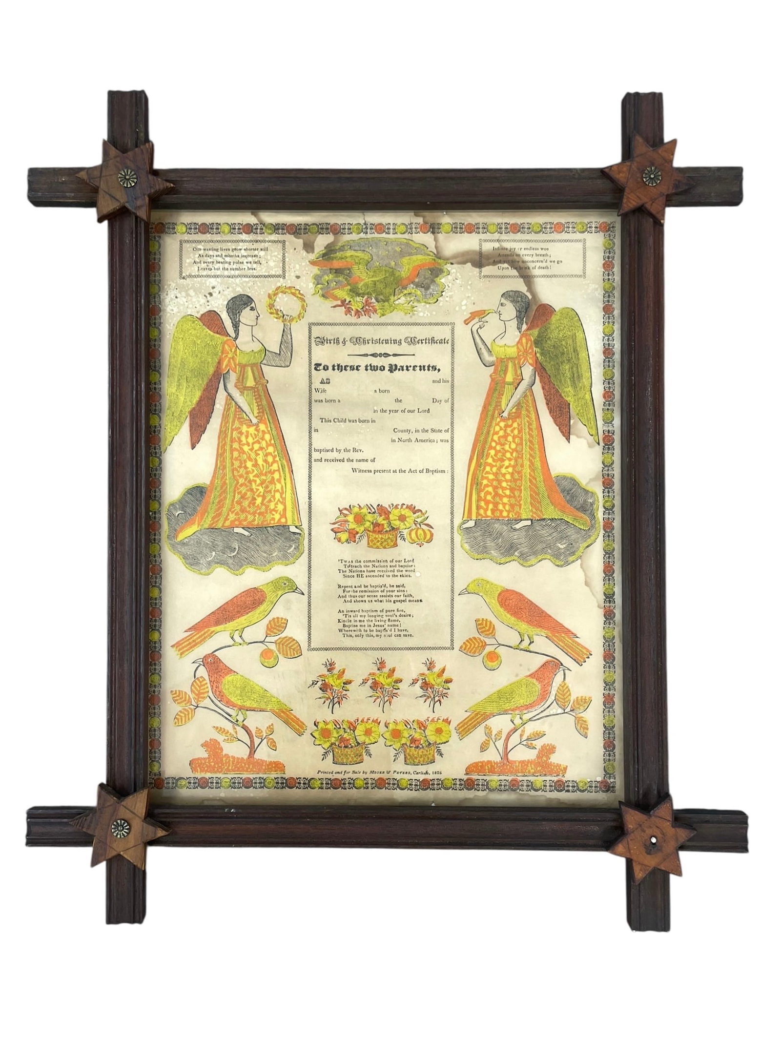 1826 Birth and Christening Certificate (Blank), Framed: A certificate with blank spaces for the child's name, parents, birth date, baptism information. In a nice antique wood frame that measures 18.5" x 21.5".