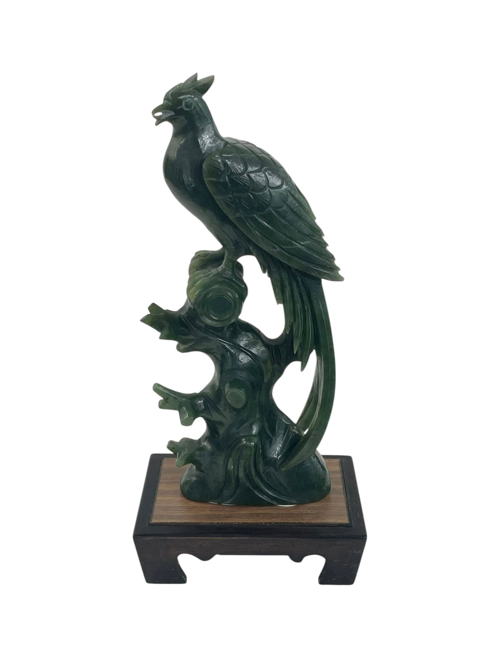 Carved Green Jade Phoenix: A hand-carved Chinese bird sculpture from spinach jade or similar stone. Attached to a wood base. Total height: 7.5" Base: 3.5" x 2.25"