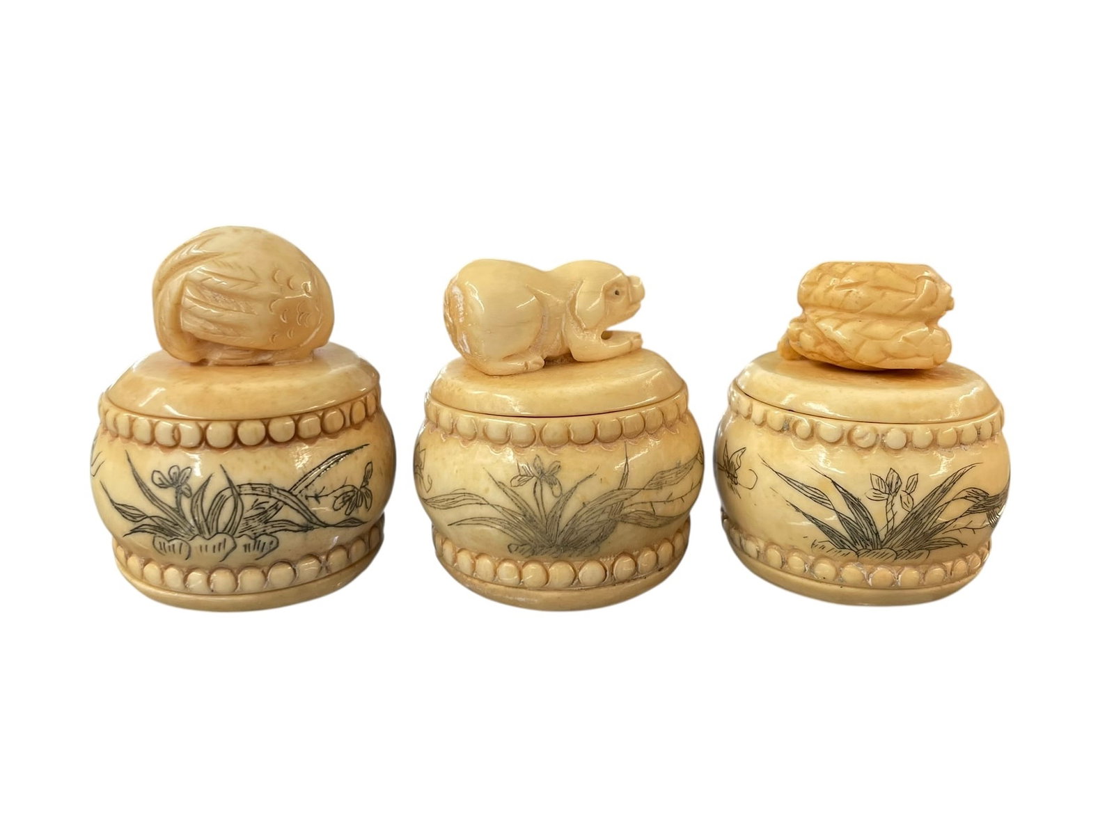 3 Netsuke Style Carved Bone Boxes - 2