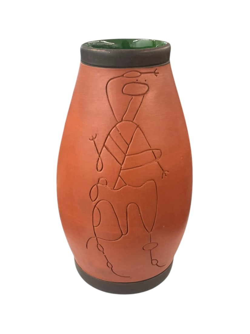 Mexican Modernist Pottery Vase: Unsigned vase with an incised line drawing figure. Green glazed interior. 9" tall.