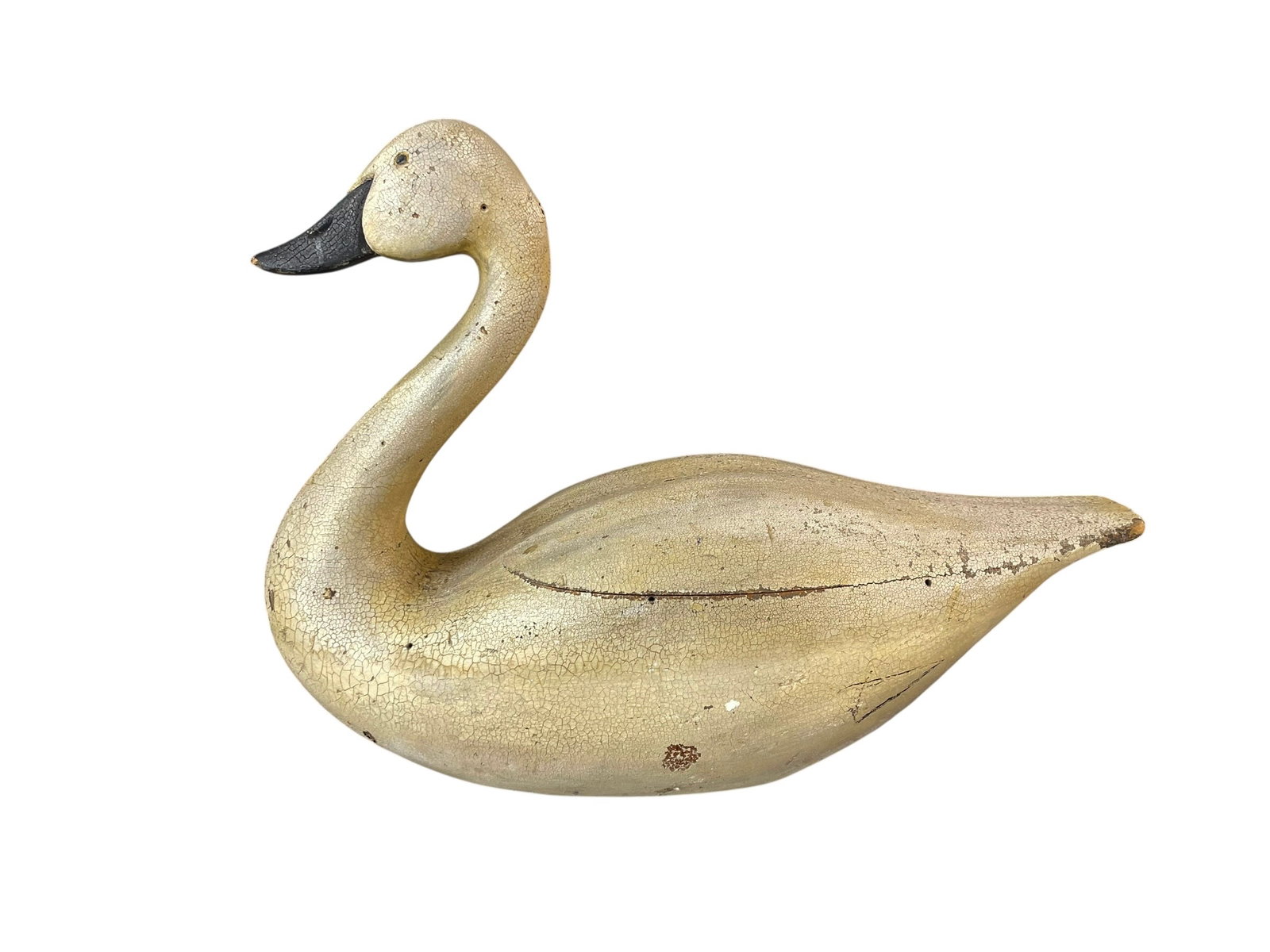 Robert Elmore 1984 Goose Decoy: Carved goose, signed and dated: R. Elmore '84. The paint has a crackle texture from exposure. 21" long, 17" tall, 9" wide.