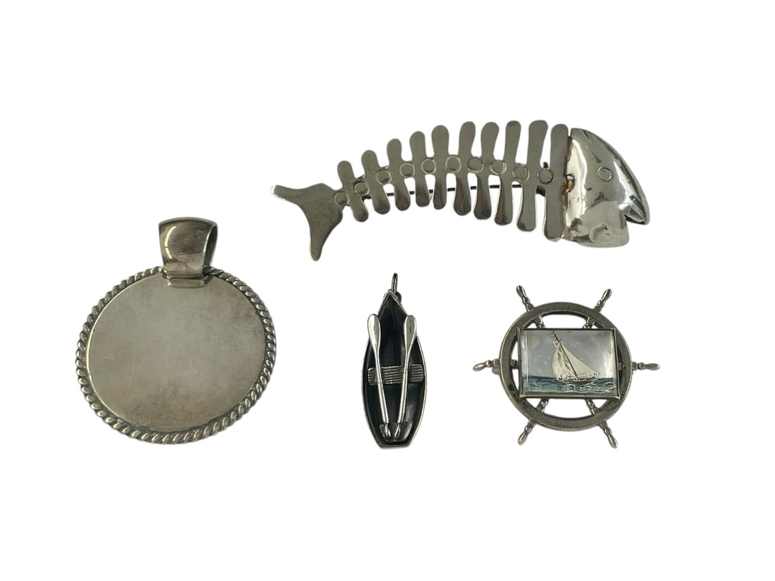 Taxco Fish, Ship Pin, Boat Charm, Round Pendant, All Sterling ~ 25.3 grams: 4 silver pieces selling together: * Fish bones pin, with partial stamp: Taxco, Mexico, SC. * Vintage ship's wheel pin with ship center, marked Sterling. * Small Beau Sterling rowboat charm. * Round 1 