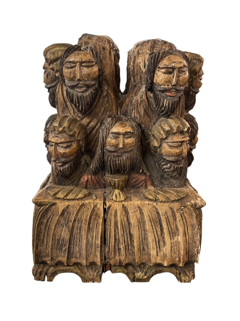 1970's Spanish 'Last Supper' Wood Sculpture Candleholder: A Brutalist hand carved wood statue, 12" tall, of Jesus and the apostles at the last supper, with two candle holder spots in the top (with wax and drips). See details in photos, including wood cr