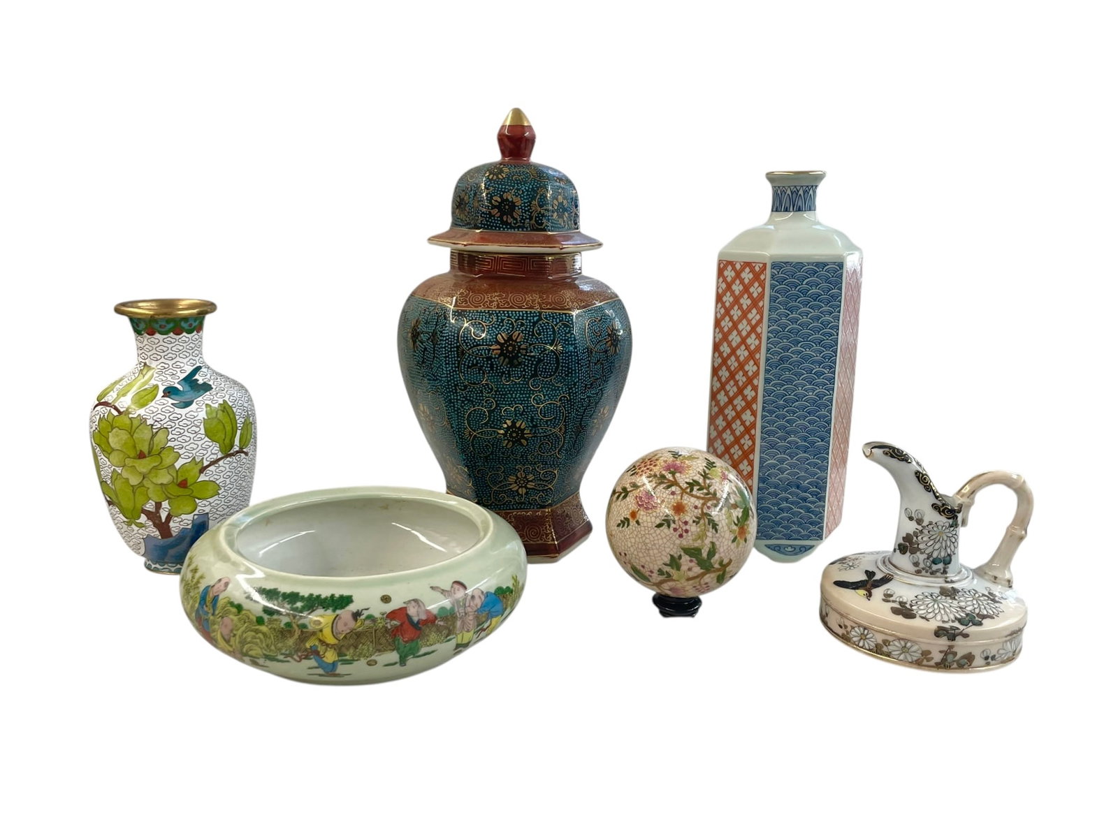 Asian Porcelain Vessels, Orb, and Cloisonne Vase: Group of six nice items:. ~ 6" cloisonne vase; ~ 3" ceramic orb, hand painted; ~ Lidded 10.5" jar with Heygill Imports sticker, Japan; ~ 9.5" geometric vase, see photo for