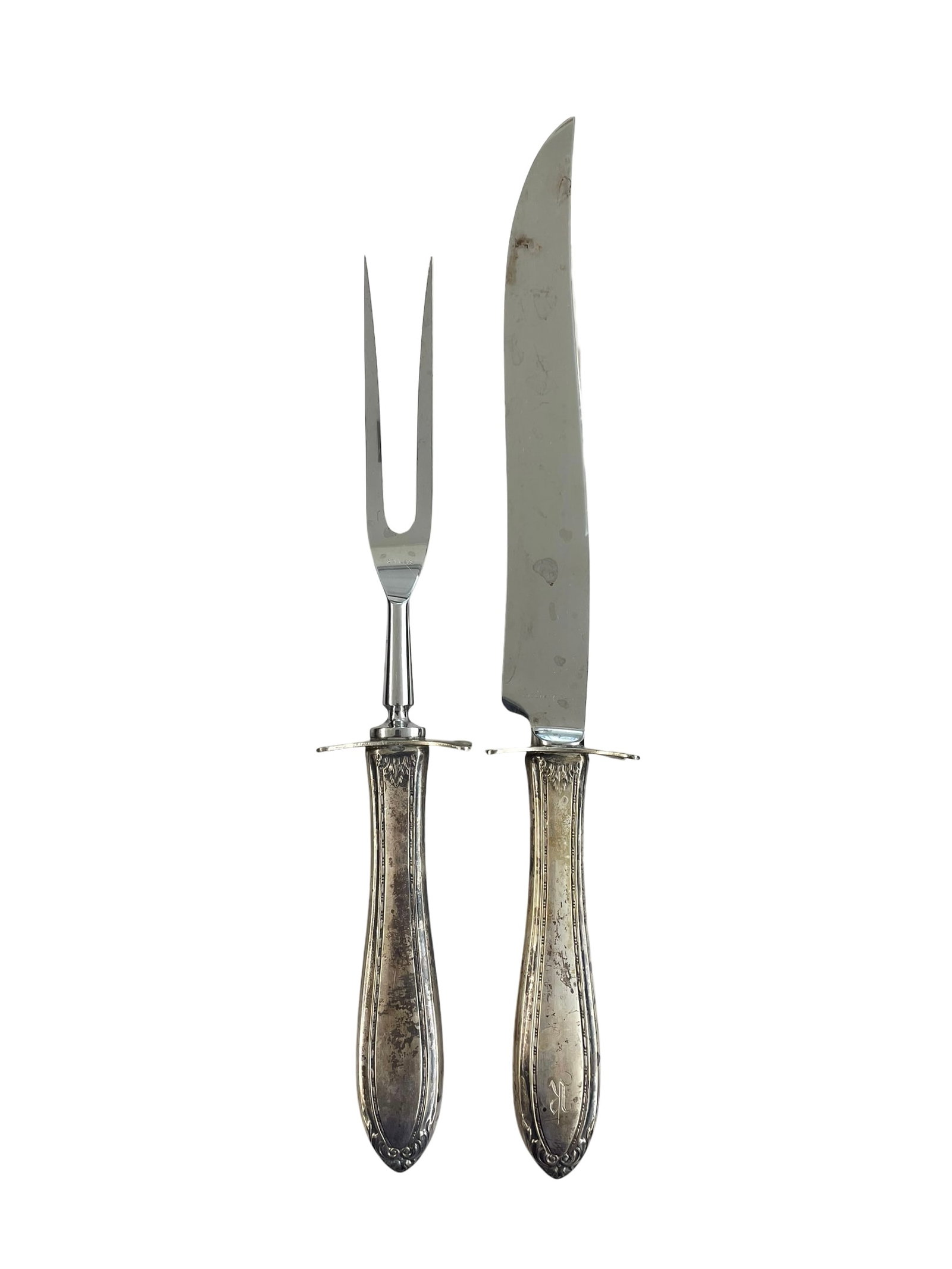 Meat Carving Set with Sterling Silver Handles: Meat fork and carving knife, monogrammed R, by International. Marked: Sterling Handle