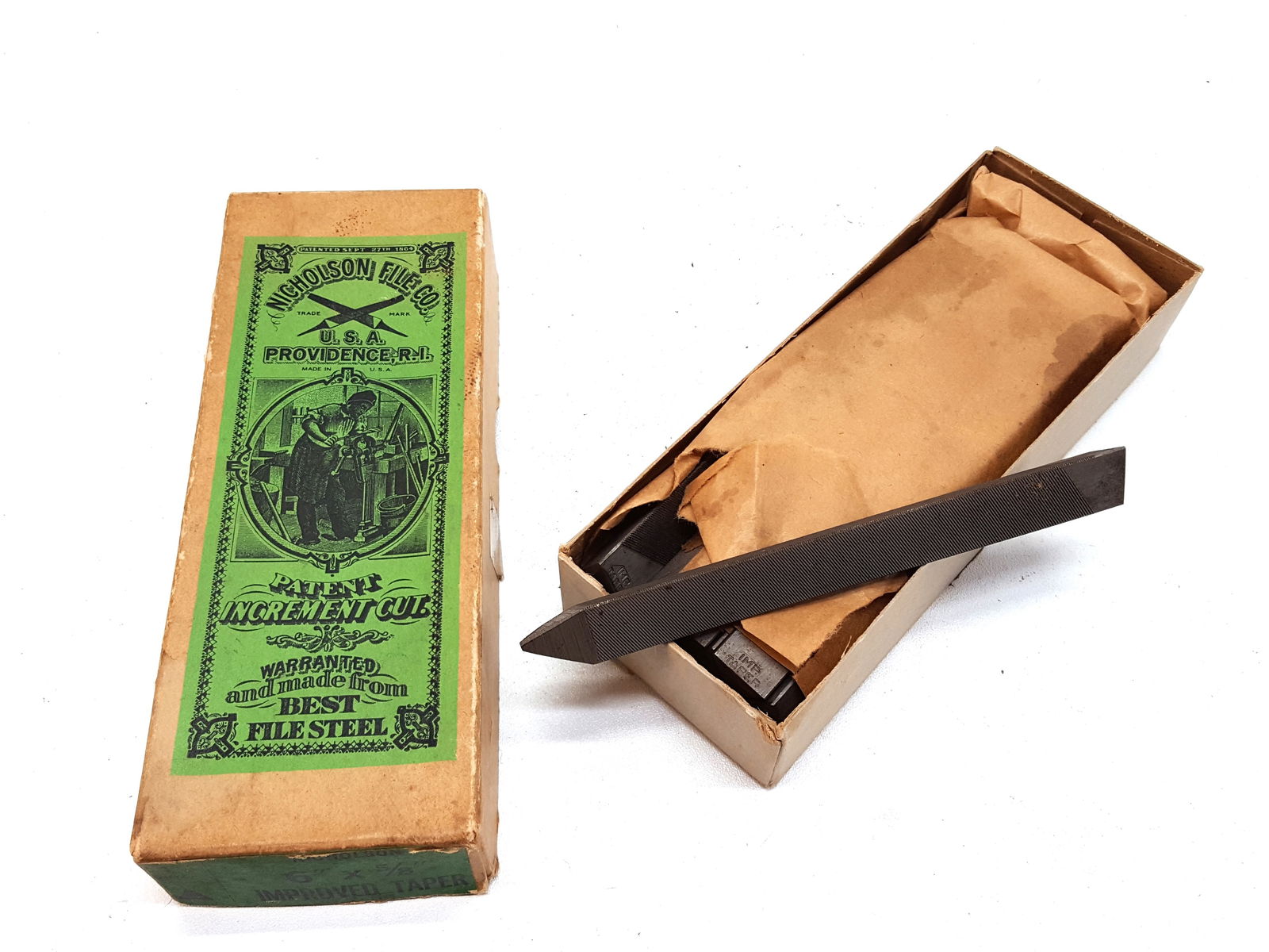 12 NOS Nicholson Improved Taper No Tang Files: Box of 12 NOS Nicholson USA 6" x 5/8" Improved Taper No Tang Files