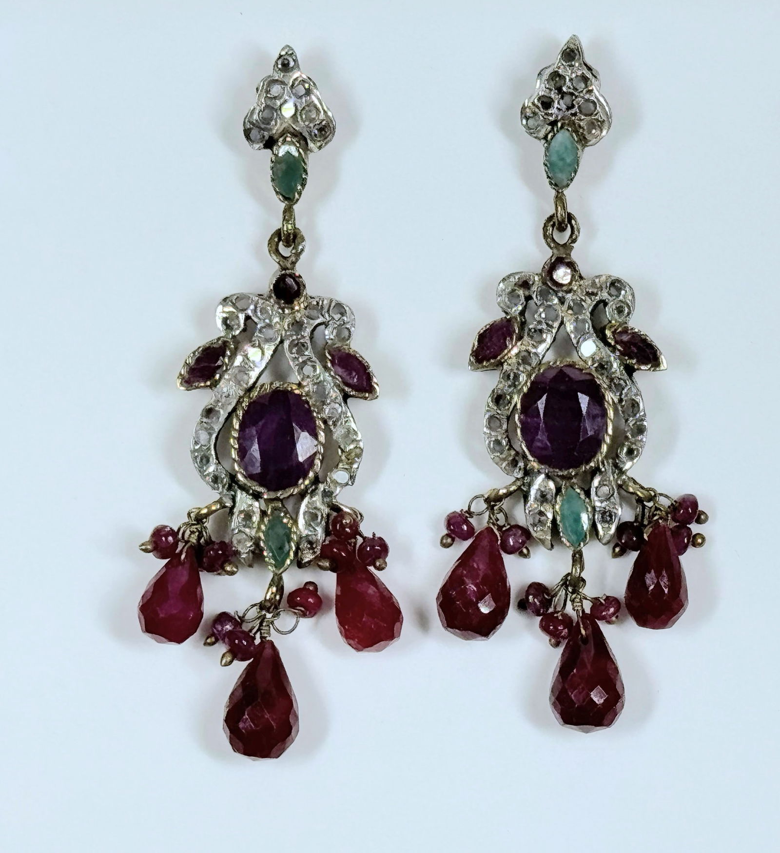 Rare and beautiful pair of Ruby, Emerald and white Topaz Indian sterling silver earrings. (1 of 4)