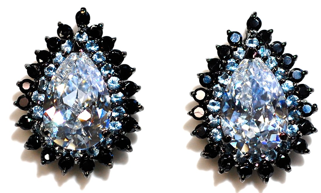 Unique black rhodium plated black, blue and white CZ pear shape button earrings.: Unique black rhodium plated black, blue and white CZ pear shape button earrings. Length: 25mm. Width: 20mm. Total weight: 13 grams. Black rhodium plating over brass. I designed several combinations of