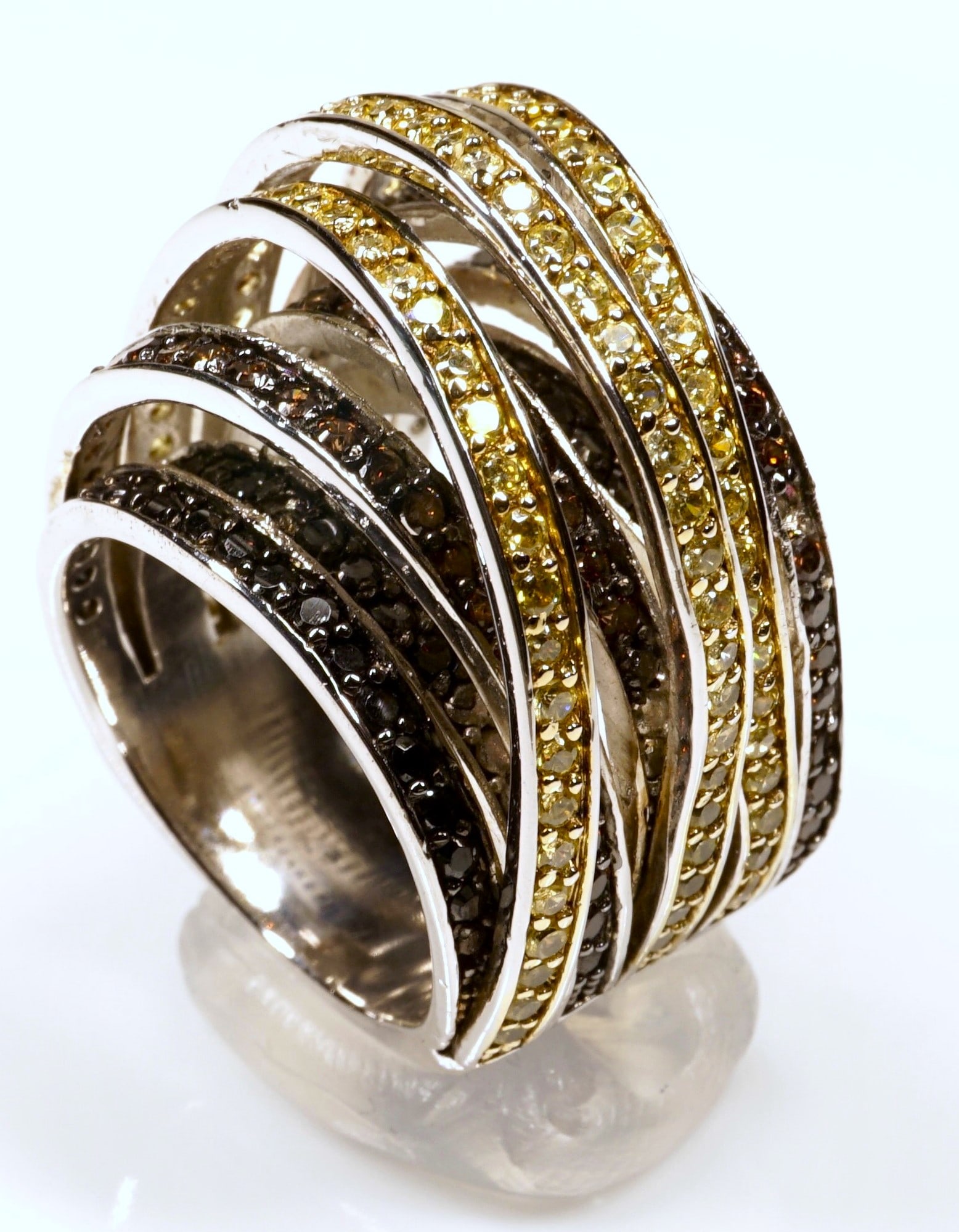 A one of a kind modern and unique rhodium plated sterling silver yellow, brown and black color CZ (1 of 5)