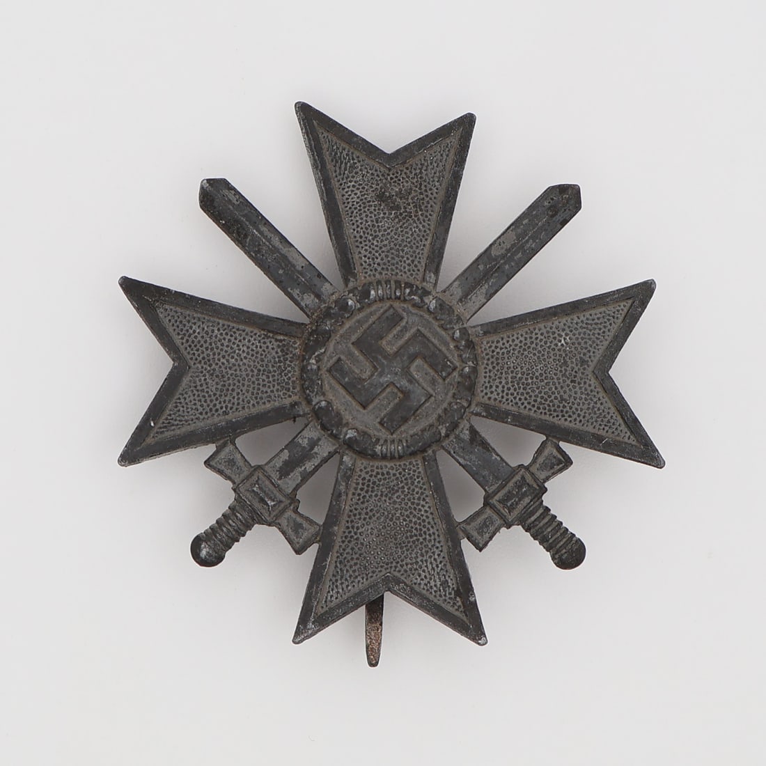 German WWII War Merit Cross I Class w/ Swords, Maker "3": German, Third Reich (c. 1939-1945). War Merit Cross (Kriegsverdienstkreuz) I Class with swords, in silvered zinc, a Maltese cross with crossed swords between the arms and a central wreathed mobile swa
