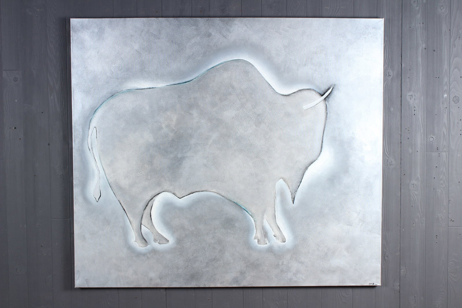 Large Buffalo Silhouette Painting: Large Buffalo Silhouette Painting, initialed CAS 2001. Size: 54" H x 62" W x 1.5" D